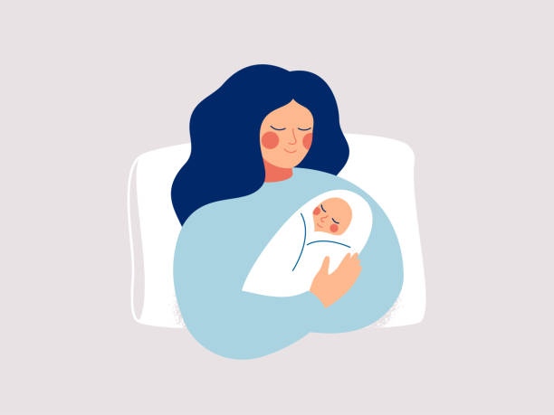 幸せな新しい母親は彼女の腕の中に彼女の幼児の赤ちゃんを保持しています。 - two generation family illustrations点のイラスト素材／クリップアート素材／マンガ素材／アイコン素材