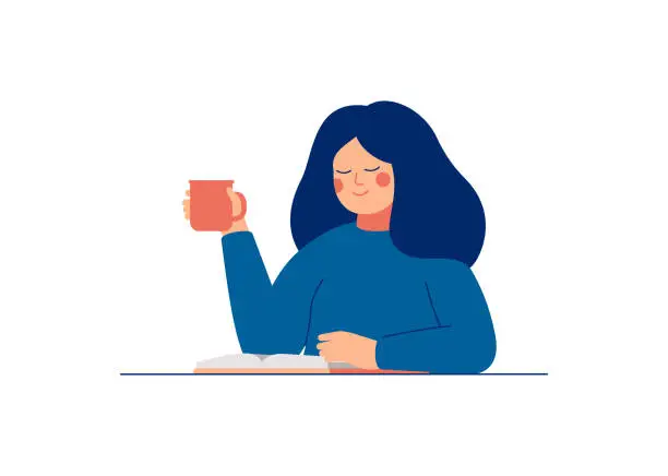 Vector illustration of Young woman goes through her datebook in the morning and plans her day.