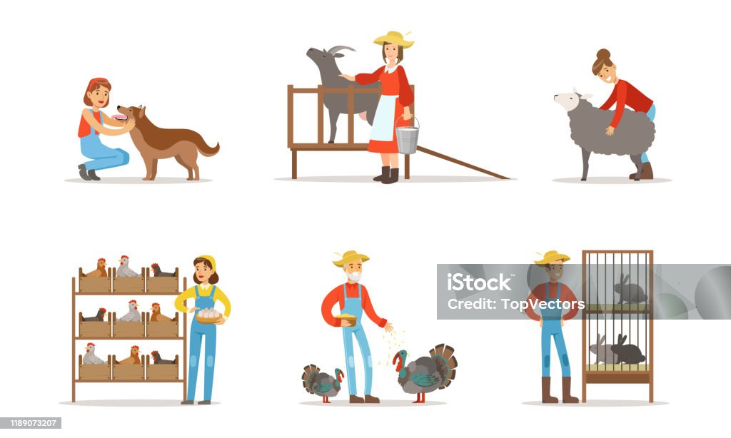 Man And Woman Farmers Taking Care About Domestic Animals On The Farm Vector Illustrations Set Stock Illustration - Download Image Now - iStock Man And Woman Farmers Taking Care About Domestic Animals On The Farm Vector Illustrations Set Stock Illustration - Download Image Now - iStock