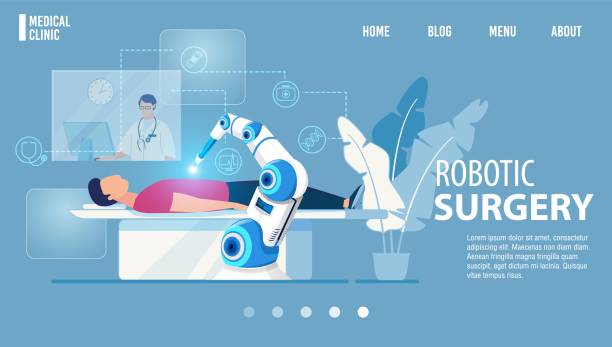 illustrazioni stock, clip art, cartoni animati e icone di tendenza di pagina di destinazione della medicina innovativa di chirurgia robotica - chirurgia robotica