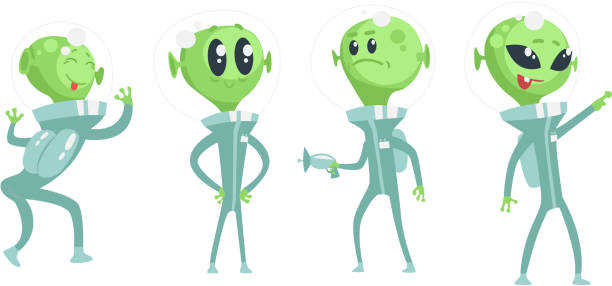 cartoon alien characters wearing space costume vector set - mascot alien space mystery stock illustrations