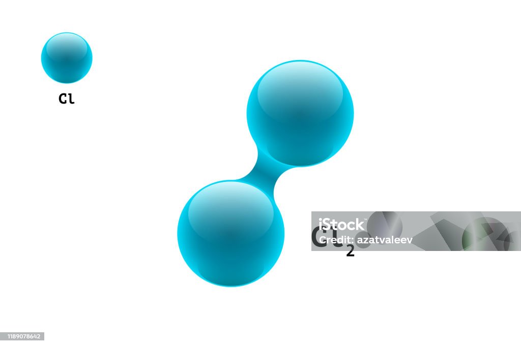 Modelo químico molécula diatómica cloro CL2 fórmula de elemento científico. Partículas integradas estructura molecular 3d de gas inorgánico. Dos esferas vectoriales de combinación de átomos de volumen - arte vectorial de Molécula libre de derechos