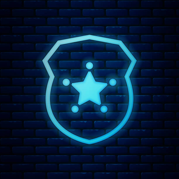 istock Glowing neon Police badge icon isolated on brick wall background. Sheriff badge sign.  Vector Illustration 1189079987