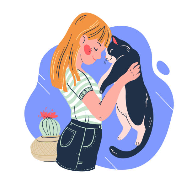 illustrations, cliparts, dessins animés et icônes de jeune fille de sourire et son portrait pelucheux mignon de chat d'isolement sur le fond blanc. - humor pets loving vertical