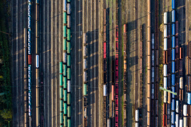 istock Top view of colorful cargo trains. 1189083905