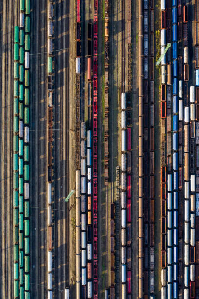 istock Top view of colorful cargo trains. 1189083906
