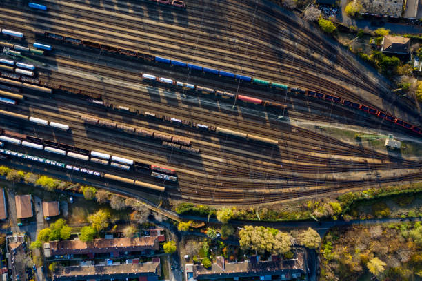 istock Top view of colorful cargo trains. 1189083908