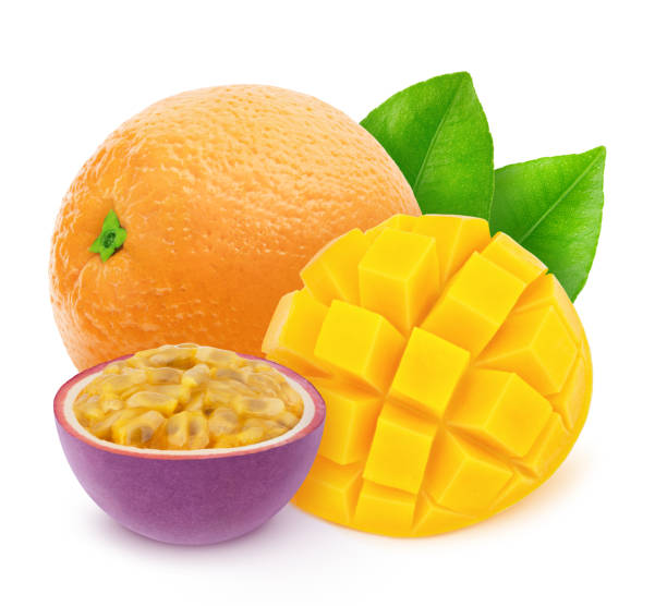 istock Composition with mix of fully ripened tropical fruits - mango, passion fruit and orange isolated on a white background with clipping path. 1189088434