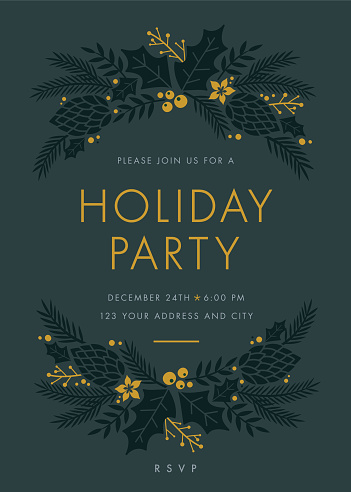 Holiday Party invitation with wreath. Stock illustration