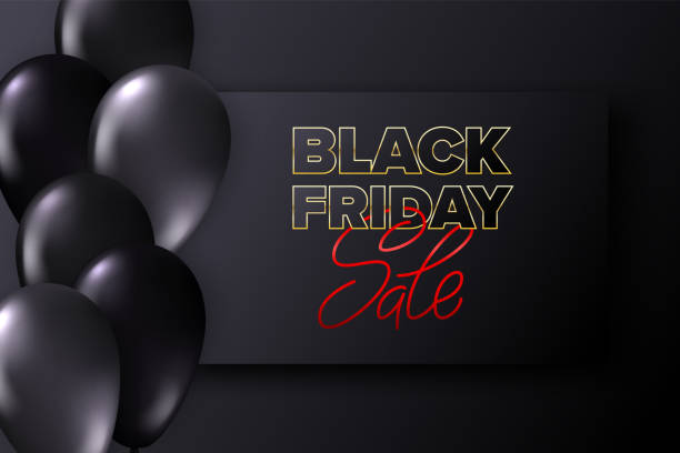 istock Black Friday sale for promotion design. Dark card with typography and realistic glossy flying monochrome balloons. Advertising sign. Market special offer discount. Vector. 1189090826