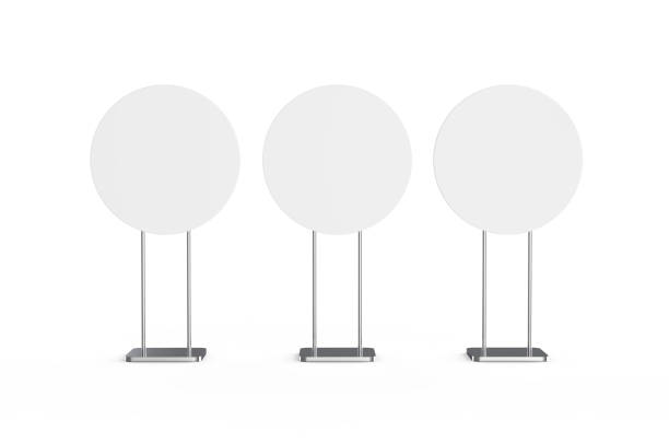 Blank signage stand, round information board mock up stand on isolated white background, 3d illustration