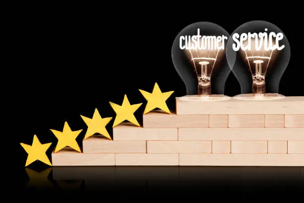 Photo of five yellow stars and light bulbs with shining fibers in a shape of Customer Service concept words isolated on black background.