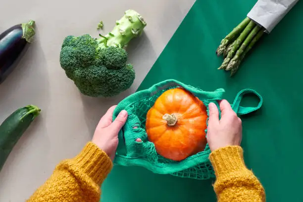 Eco friendly zero waste flat lay with hands holding broccoli and string bag with orange pumpkin.Autumn or Spring top view with vegetables on two color paper background, craft paper and green.