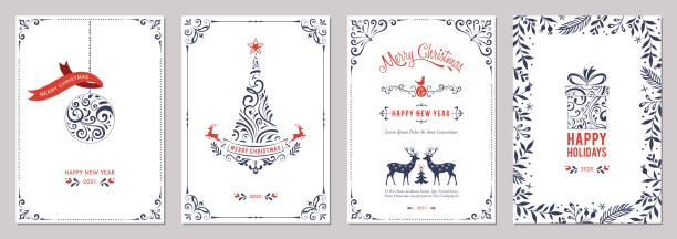 ilustrações de stock, clip art, desenhos animados e ícones de christmas greeting cards and templates_14 - invitation blue old fashioned contemporary
