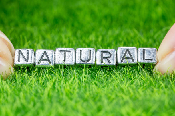 palabra natural escrita en letras metálicas colocadas sobre hierba y sostenidas entre los dedos de una mujer. concepto de bienestar - organic single word environment block fotografías e imágenes de stock