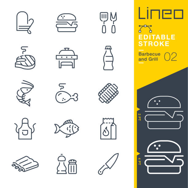 lineo editable stroke - barbecue und grill umriss symbole. - cooking clothing foods and drinks equipment stock-grafiken, -clipart, -cartoons und -symbole