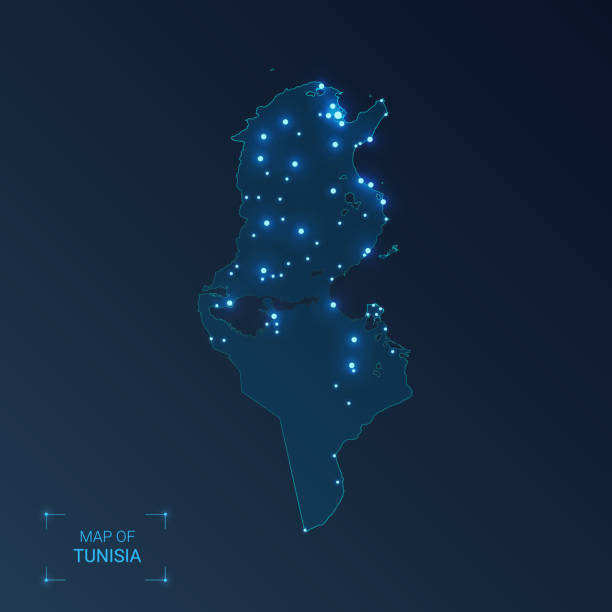 mapa tunezji z miastami. świecące kropki - neony na ciemnym tle. ilustracja wektorowa. - tunisia stock illustrations