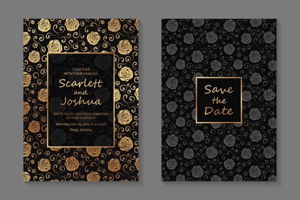 Set of luxury floral wedding invitation design or greeting card templates. Set of two cards with golden roses on a black background. golden roses stock illustrations