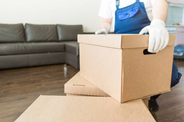 istock Delivery man loading cardboard boxes for moving to an apartment. professional worker of transportation, male loaders in overalls 1189106285