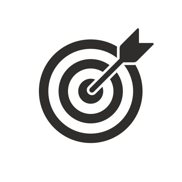 ilustraciones, imágenes clip art, dibujos animados e iconos de stock de icono vectorial de destino y flecha. dartboard shoot, business aim y target focus symbol stock illustration - objetivo