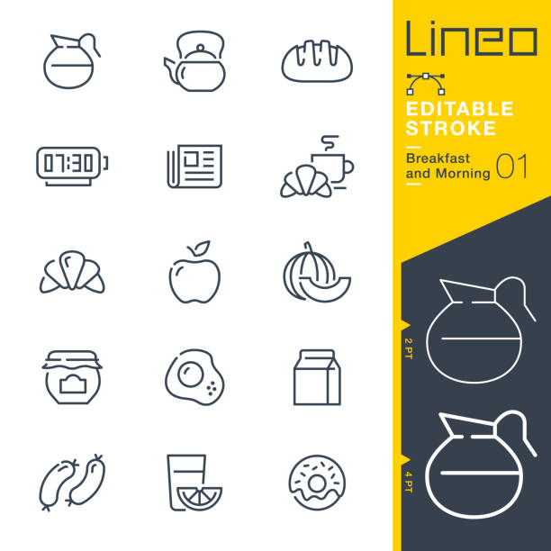 lineo editable stroke - ikony linii śniadanie i rano - non alcoholic beverage audio stock illustrations