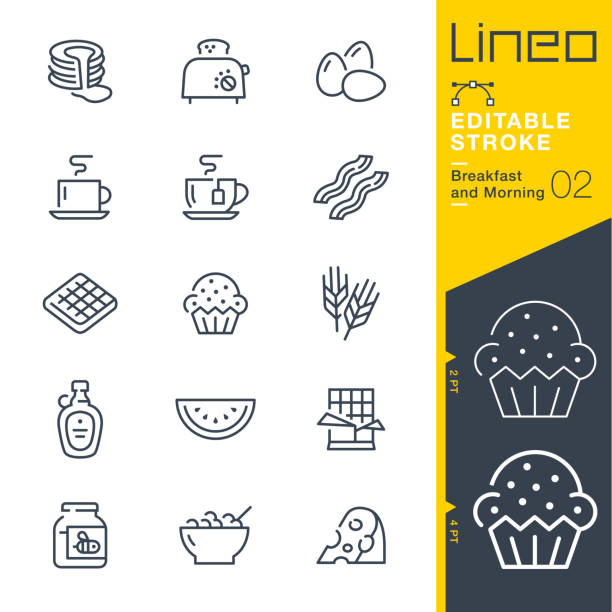 리노 편집 스트로크 - 아침 식사 와 아침 라인 아이콘 - muffin stock illustrations