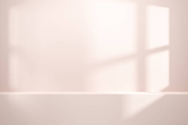 istock Front view of empty shelf or counter on white wall background with natural light of window. Display of room shelves for showing minimal concept. Realistic 3D render. 1189107608