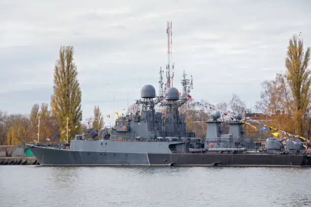 Parchim-class anti-submarine russian corvette in Baltiysk harbor.