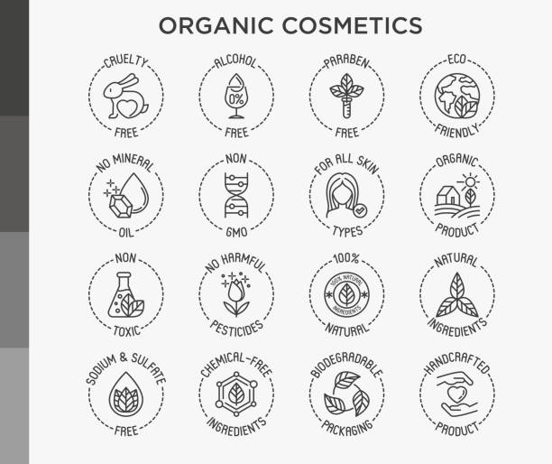 ilustrações, clipart, desenhos animados e ícones de conjunto de cosméticos orgânicos de ícones de linha fina para embalagens de produtos. livre de crueldade, 0% álcool, ingredientes naturais, parabeno livre, eco friendly, sem óleo mineral, não ogm. ilustração moderna do vetor. - 100 organic