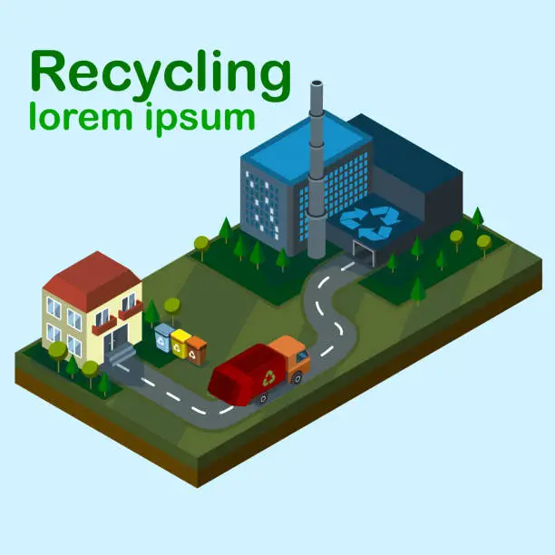 Vector illustration of Isometric Recycling plant, house, and waste truck, caring waste. Can use for web banner, infographics, hero images. Vector illustration.