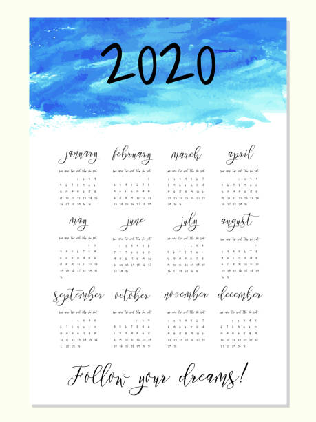 stockillustraties, clipart, cartoons en iconen met aquarel inkt kalender sjabloon, 2020 jaar - dry january