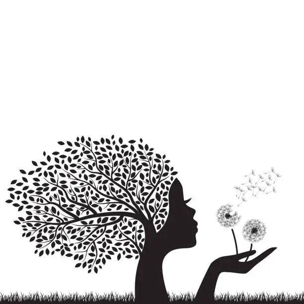 Vector illustration of tree with female face holding dandelion flowers