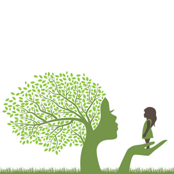 ilustraciones, imágenes clip art, dibujos animados e iconos de stock de árbol con la cara femenina sosteniendo niña - mother nature