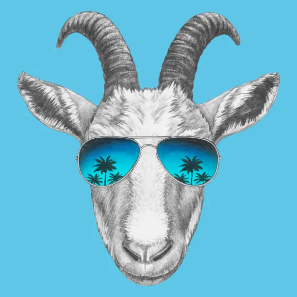 Vector illustration of Portrait of Goat with sunglasses. Hand-drawn illustration. Vector isolated elements.