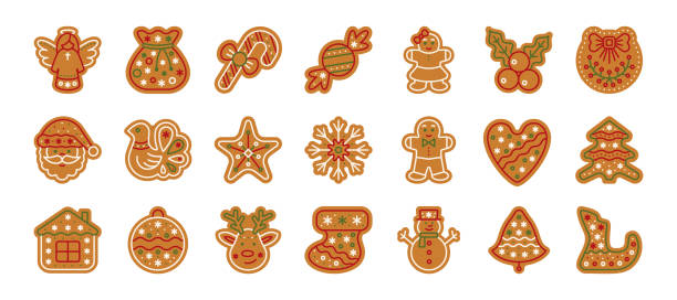 weihnachten lebkuchen xmas cookie flache icon-set - christmas holiday vacations candy cane stock-grafiken, -clipart, -cartoons und -symbole