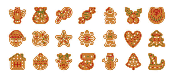 ilustrações de stock, clip art, desenhos animados e ícones de christmas gingerbread xmas cookie flat icon set - christmas holiday vacations candy cane