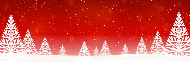 istock Christmas trees on red  background with snowflakes - horizontal panoramic banner for winter design 1189114712