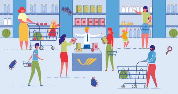 People Purchase Food Products in Supermarket. People Cartoon Characters Purchase Products in Supermarket. Customers in Grocery Retail Store, Shopping Mall Choose and Buy Food. Family Shopping and Urban Daily Lifestyle. Flat Vector Illustration. supermarket family retail cable car stock illustrations