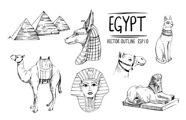 ilustrações de stock, clip art, desenhos animados e ícones de objects of egypt: camel, pyramids, sphinx, gods. hand drawn sketch converted to vector. isolaten on white background - luxor