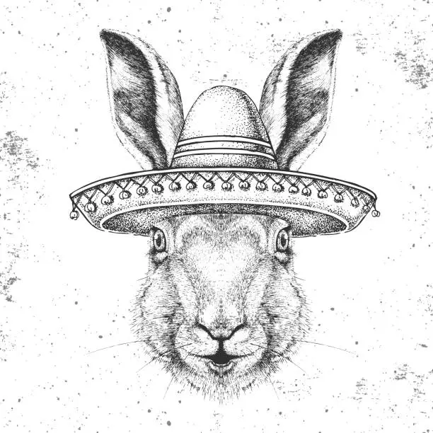 Vector illustration of Hipster animal rabbit wearing a sombrero hat. Hand drawing Muzzle of rabbit