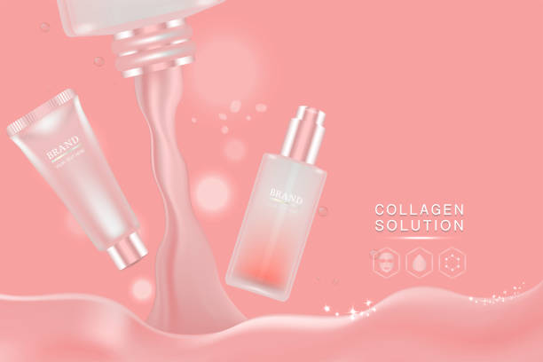 istock Beauty product ad design, pink cosmetic containers with collagen solution advertising background ready to use, luxury skin care banner, illustration vector. 1189123504