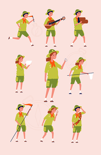 Young scouts. Kids boys and girls adventure camping specific uniforms vector flat characters. Illustration scout hiking, characters adventure and travel