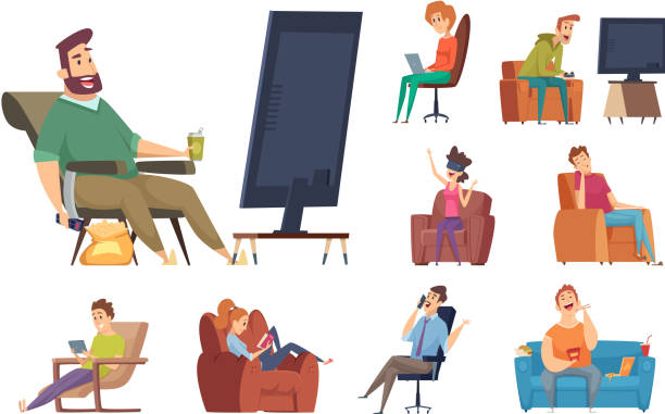 Sedentary characters. Lazy lifestyle people sitting reading chatting in smartphone watching tv unhealthy person with devices vector Sedentary characters. Lazy lifestyle people sitting reading chatting in smartphone watching tv unhealthy person with devices vector. Illustration lazy on sofa, relaxation person, cartoon human man sitting alone drawing stock illustrations