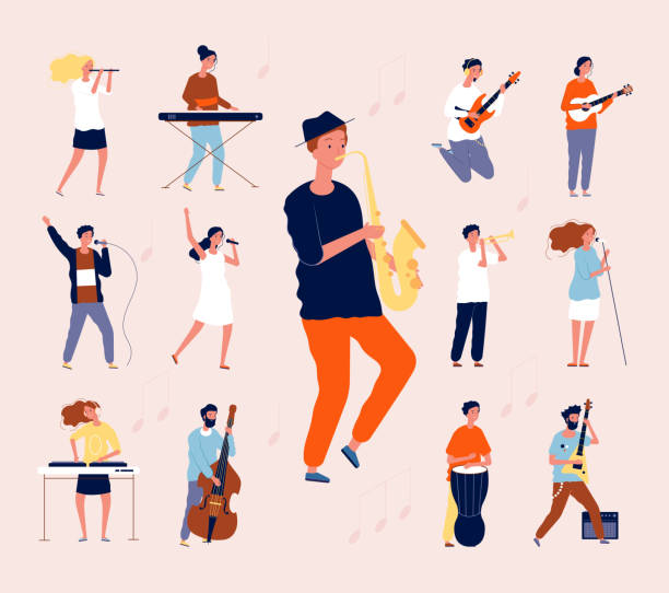 ilustrações, clipart, desenhos animados e ícones de pessoas da música. músicos de desempenho musicais clássicos da rocha que cantam e que jogam instrumentos da orquestra guitarra tingor do violino liso - rock bass