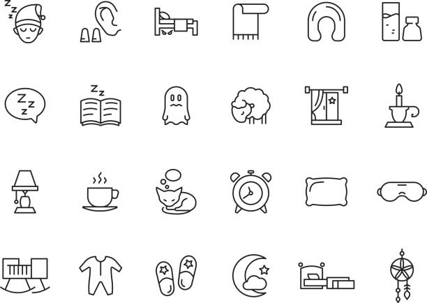 Sleeping symbols. Relax rest simple icons bed pillow clock teddy bear clouds vector sleep pictures collection Sleeping symbols. Relax rest simple icons bed pillow clock teddy bear clouds vector sleep pictures collection. Illustration sleep icons, alarm and lamp sleeping icons stock illustrations
