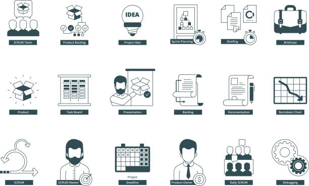 ilustraciones, imágenes clip art, dibujos animados e iconos de stock de iconos de agilidad. metodología scrum profesional reunión conferencia maestro ágil colección de símbolos vectoriales - flowchart diagram organization algorithm