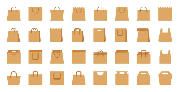 illustrazioni stock, clip art, cartoni animati e icone di tendenza di shopping bag carta artigianale eco pacchetto piatto icona set - paper bag immagine