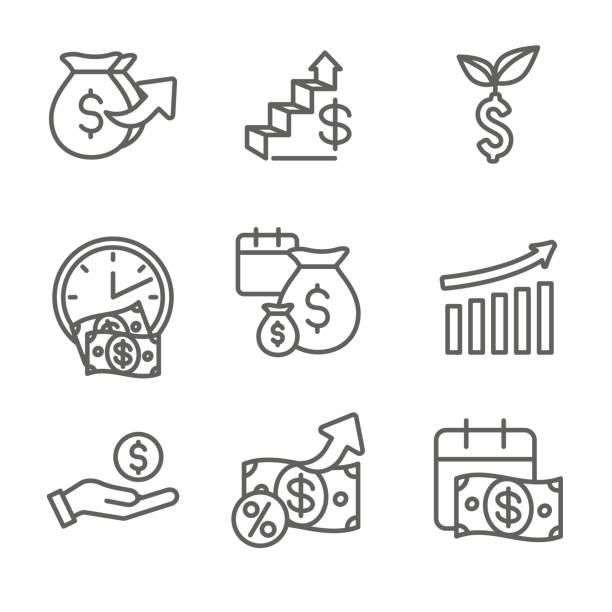 bankowość, inwestycje i wzrost ikony zestaw z symbolami dolara, itp - mutual fund portfolio investment finance stock illustrations