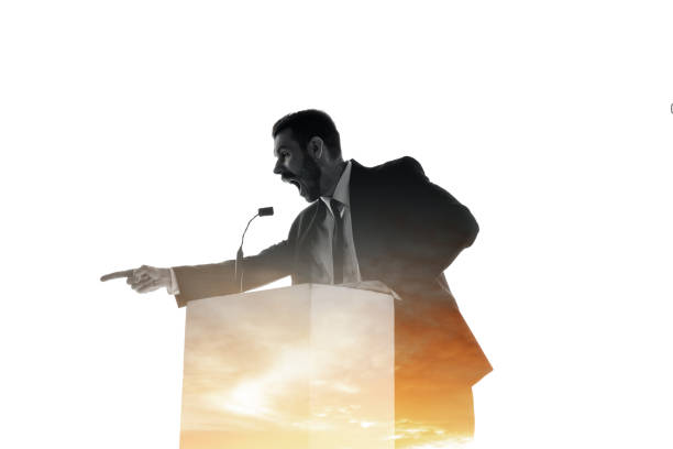 istock Speaker, coach or chairman during politician speech on white background 1189124884