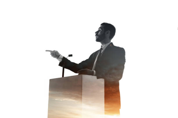 istock Speaker, coach or chairman during politician speech on white background 1189124885